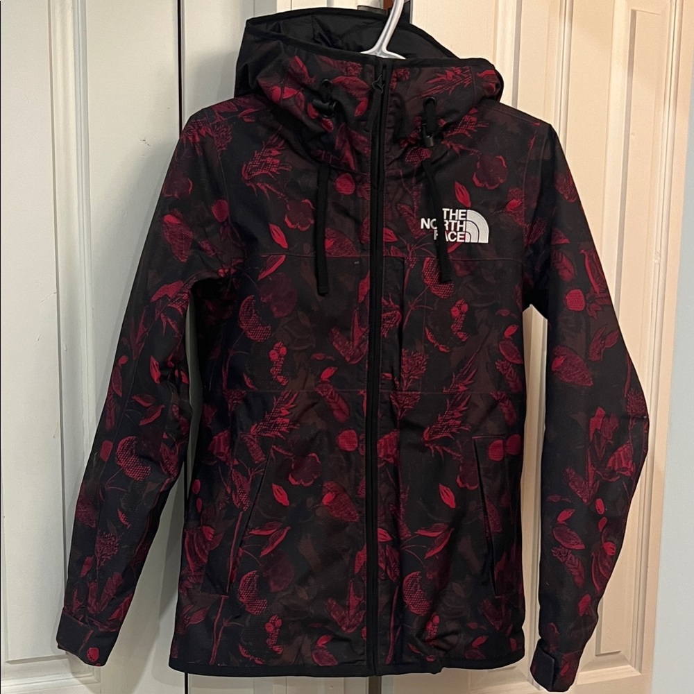 The North Face Black Jacket with Red Leaf Pattern
